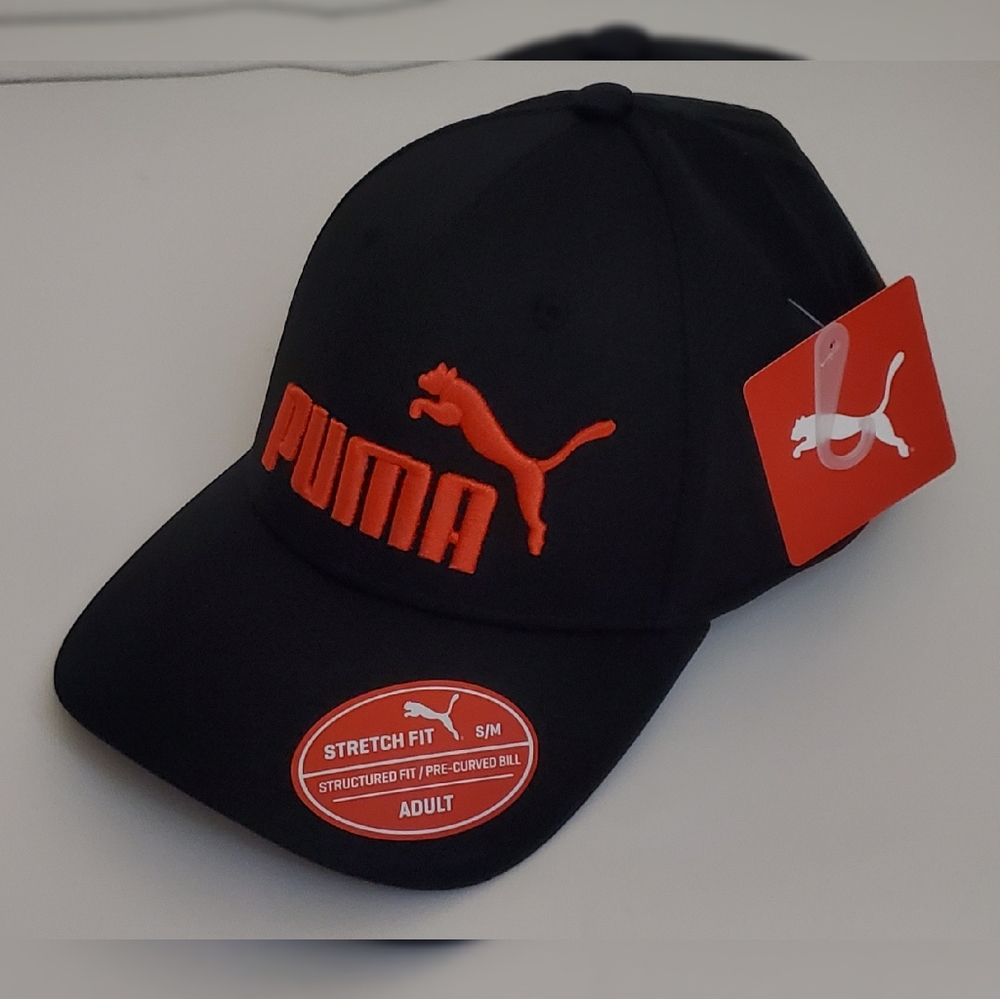 PUMA ORIGINAL BASKETBALL CAP MENS STRETCH FIT SZ L/XL BLACK EMBROIDERED LOGO RED